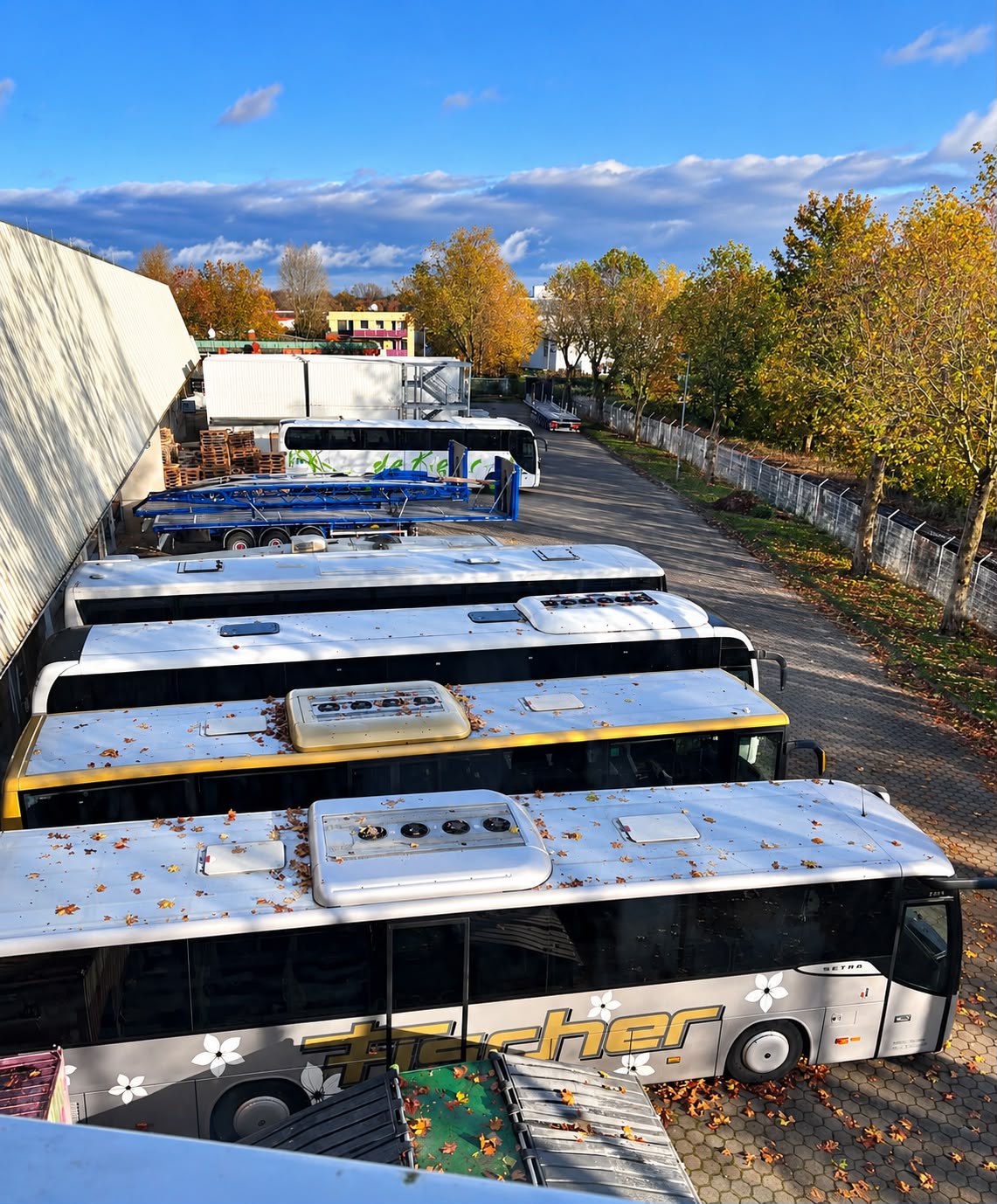Coaches and intercity buses lined up on the Compass Omnibushandel premises in Hamburg