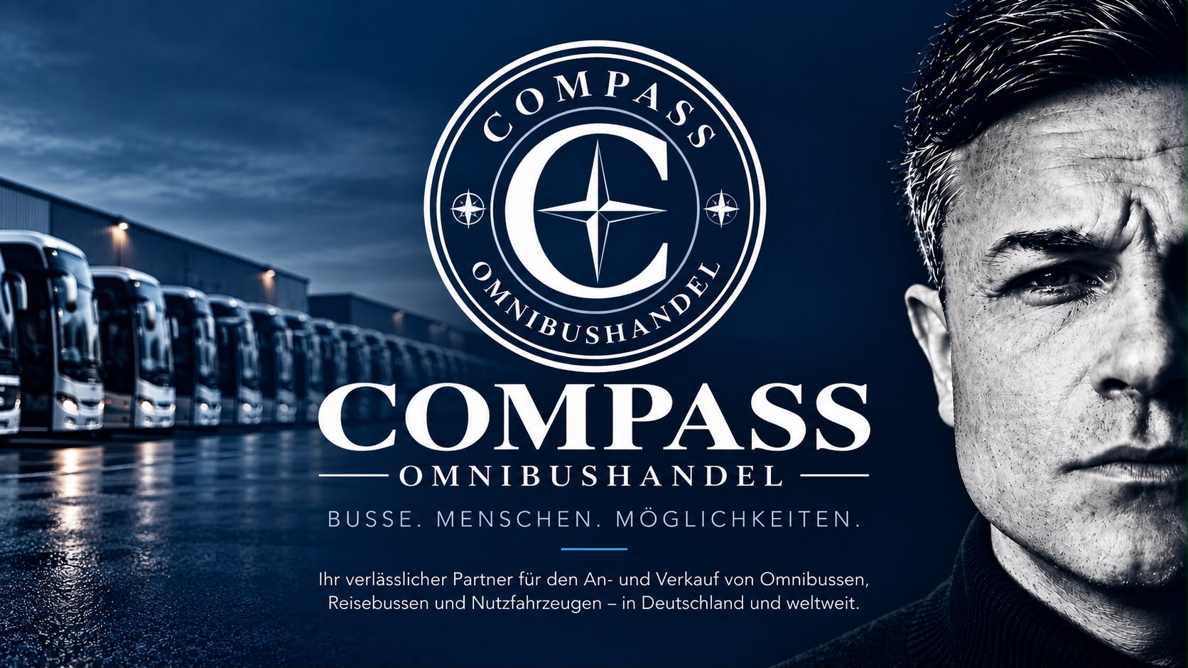 Obaidullah Karimi, owner of Compass Omnibushandel in Hamburg, next to the Compass logo and a row of coaches – Buses. People. Possibilities.