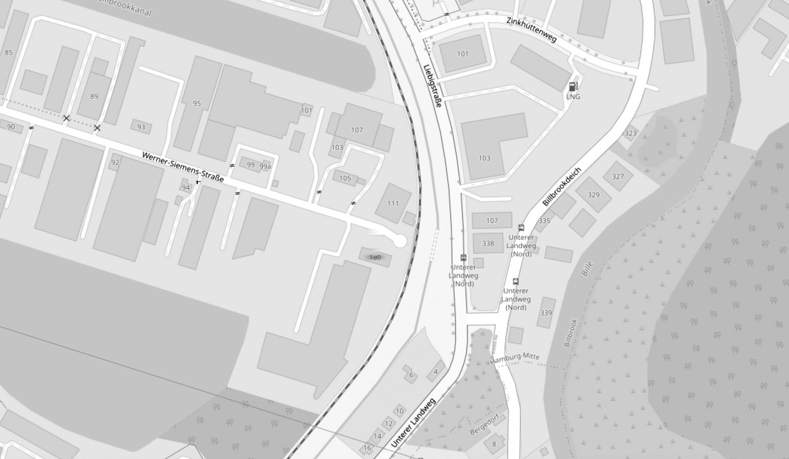Map of Hamburg-Billbrook showing the location of Compass Omnibushandel at Werner-Siemens-Straße 100
